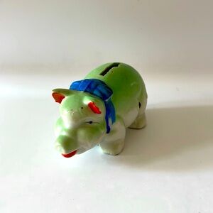 Vintage Ceramic Green Piggy Bank with Blue Accents